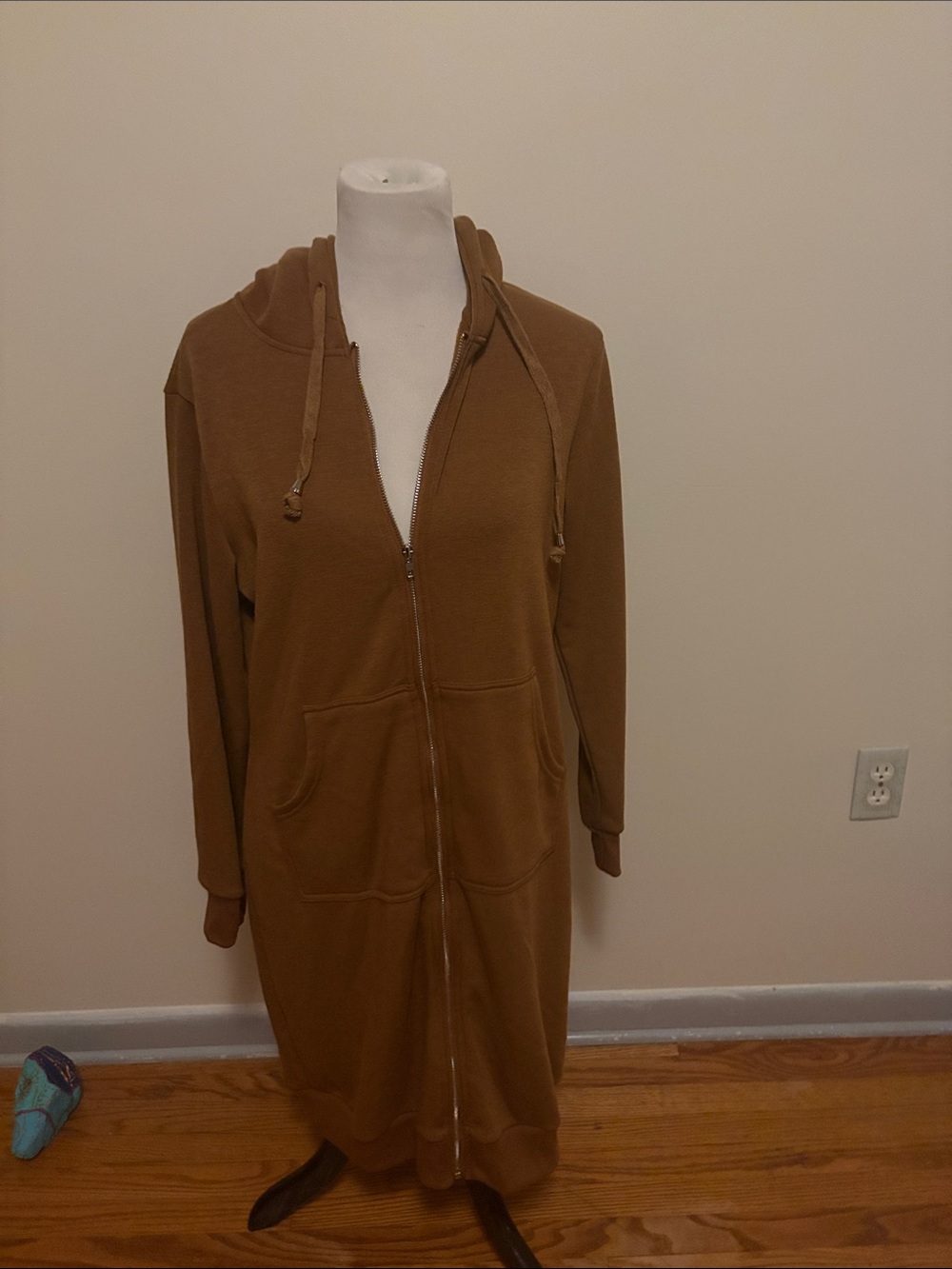 Long Zip-Up Hooded Jacket - Brown